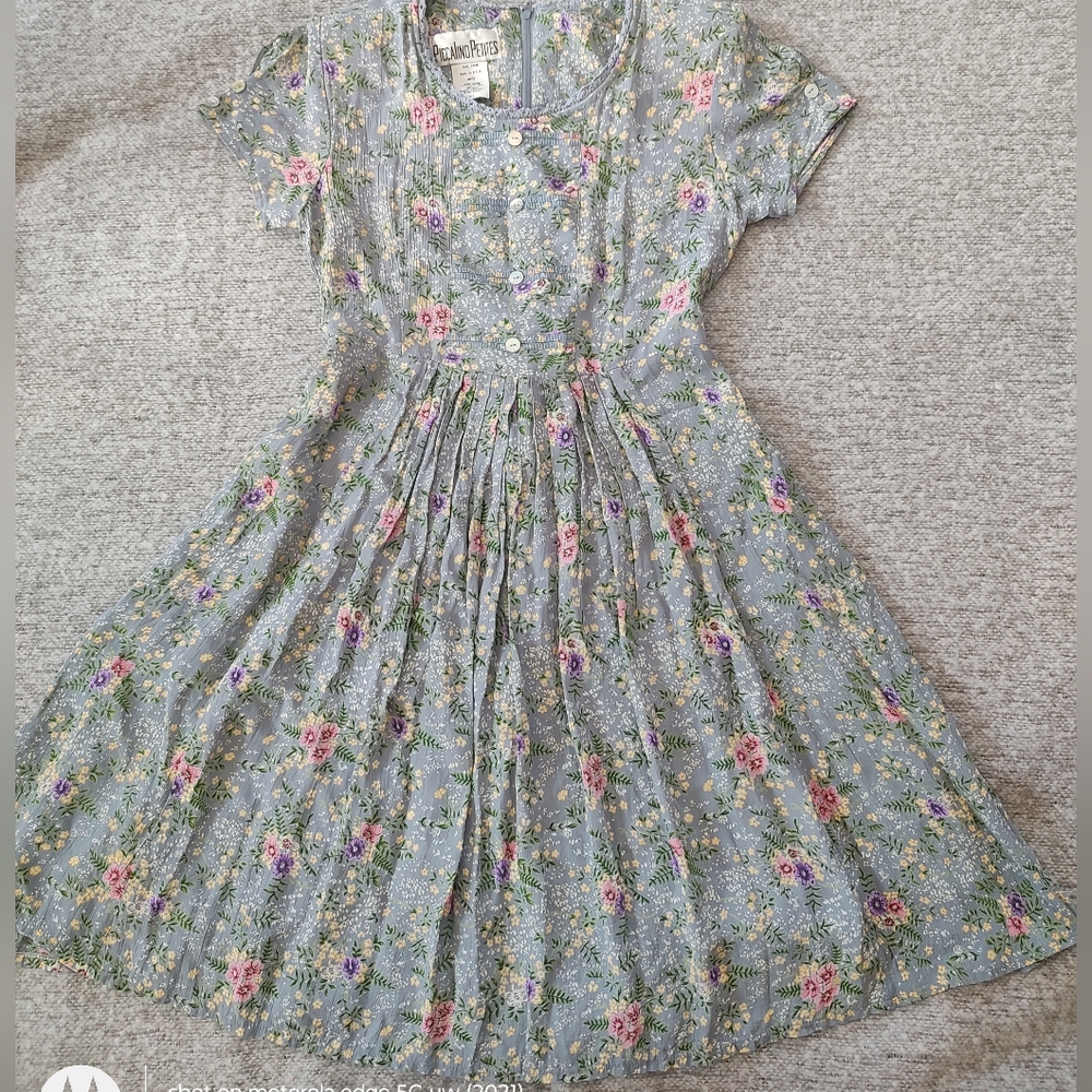 Piccalino Petites Vintage Rayon Pleated Purple Flower Floral Button-Up Dress 2P